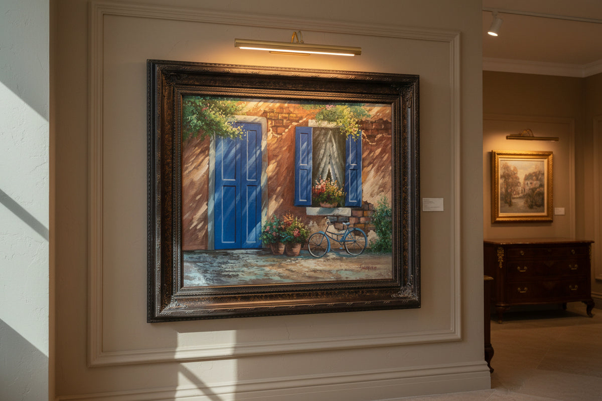 Framed painting of a street scene with blue shutters and a bicycle on a wooden wall.