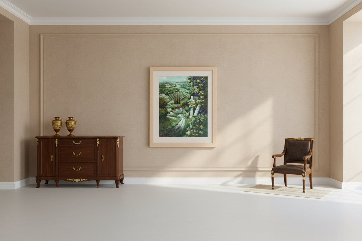 Painting of a scenic landscape with a winding road and buildings, framed by wooden panels.