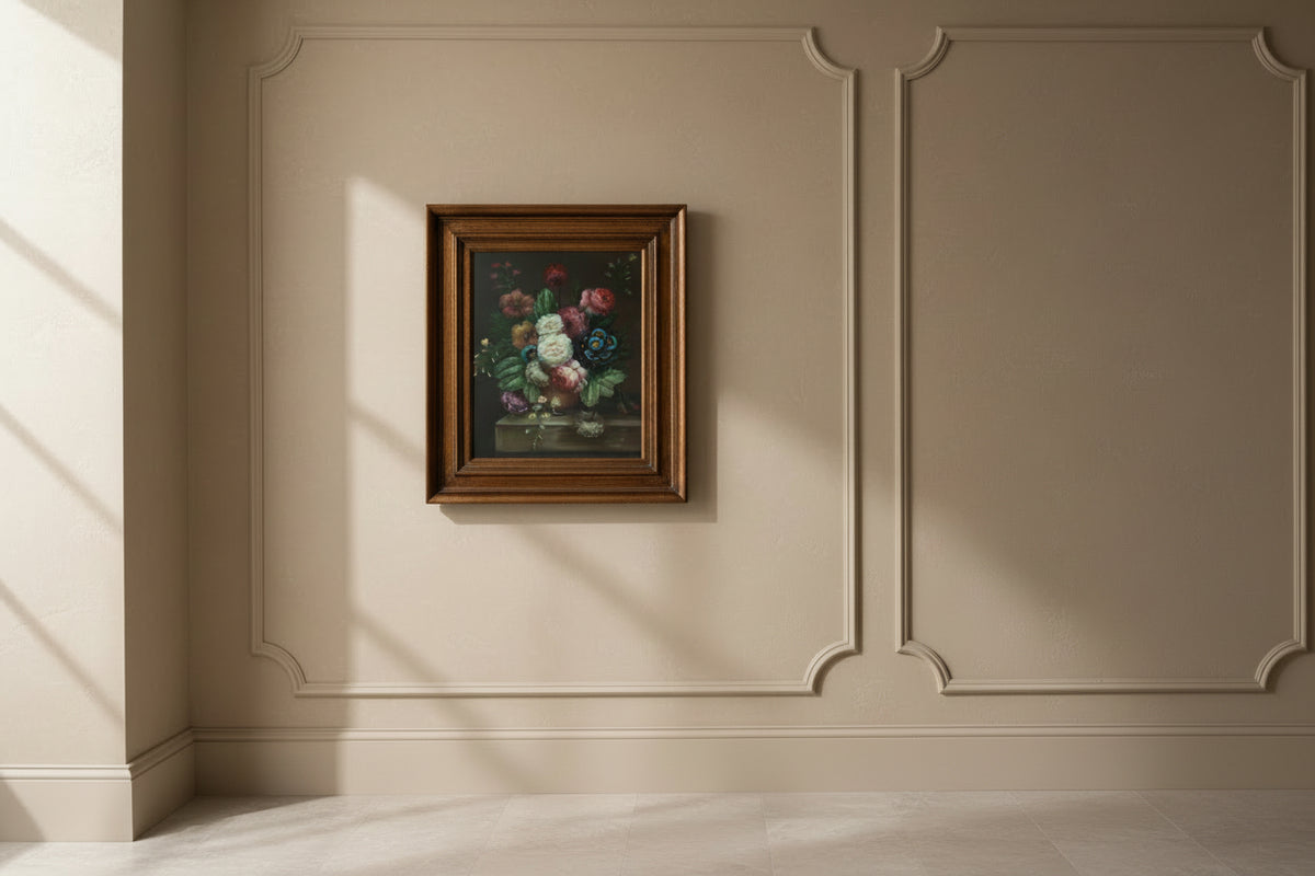 Framed still life painting of flowers on a wooden wall