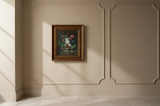 Framed still life painting of flowers on a wooden wall
